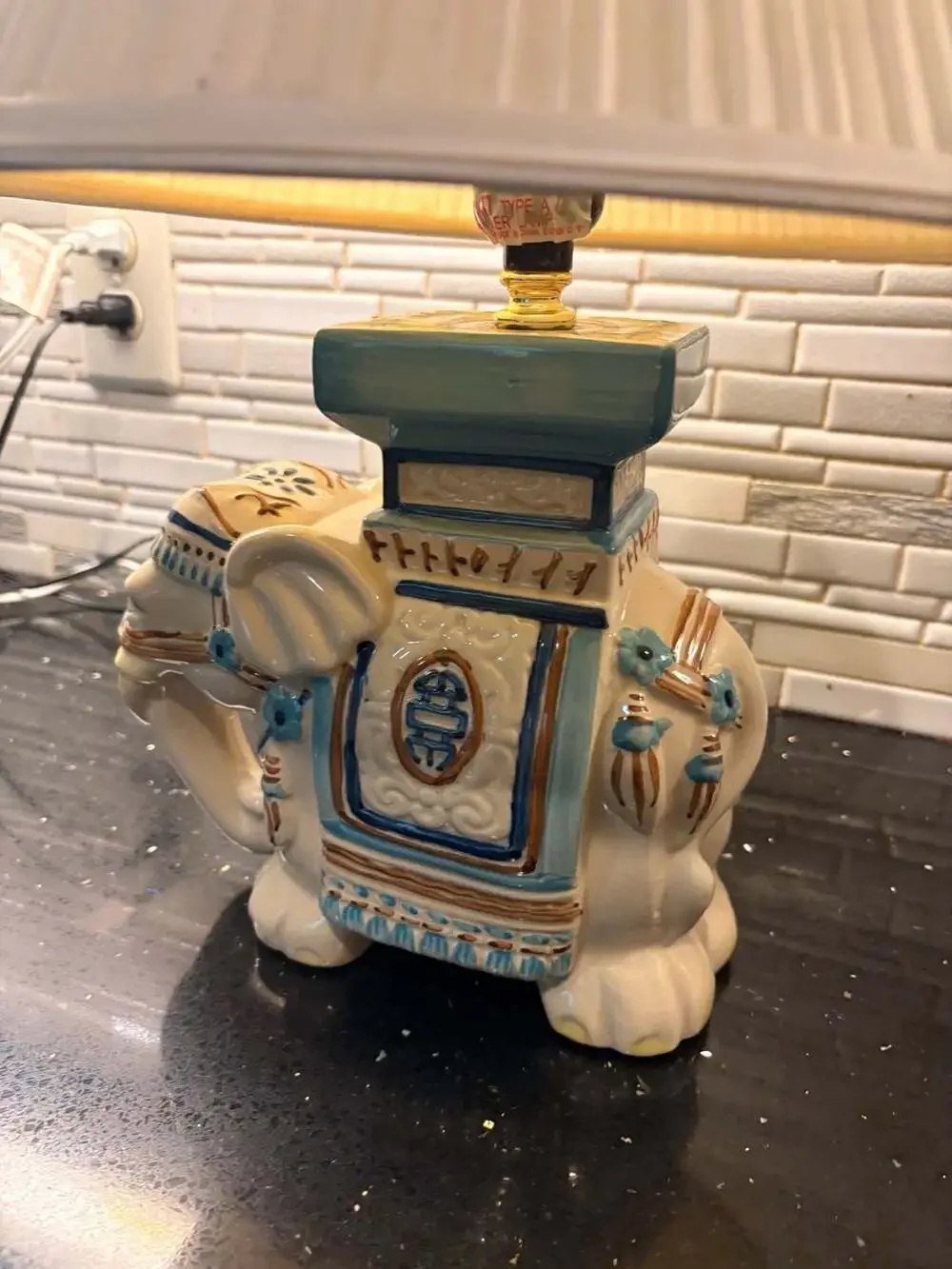 Vintage Ceramic Elephant Table Lamp Blue White Gold Accents With Shade